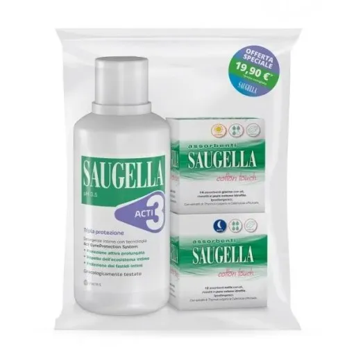 Saugella Detergente Intimo Acti3 500ml + Assorbenti Giorno 14 Pezzi + Notte 12 Pezzi